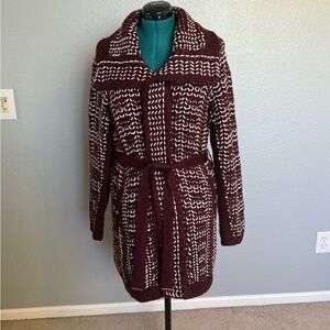 White House Black Market Burgundy and White Knit Cardigan Sweater Coat